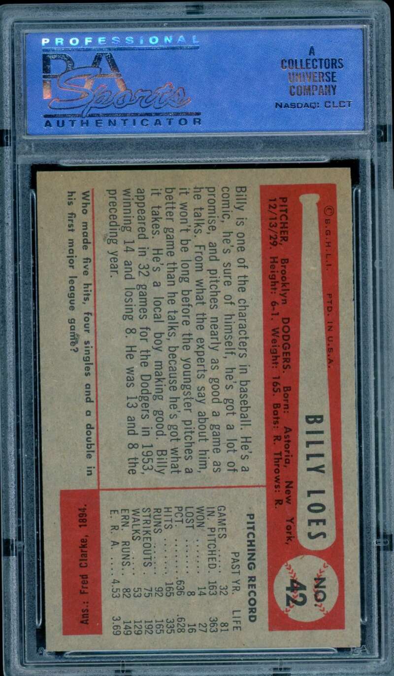 Billy Loes Card 1954 Bowman #42 PSA 8 Image 2
