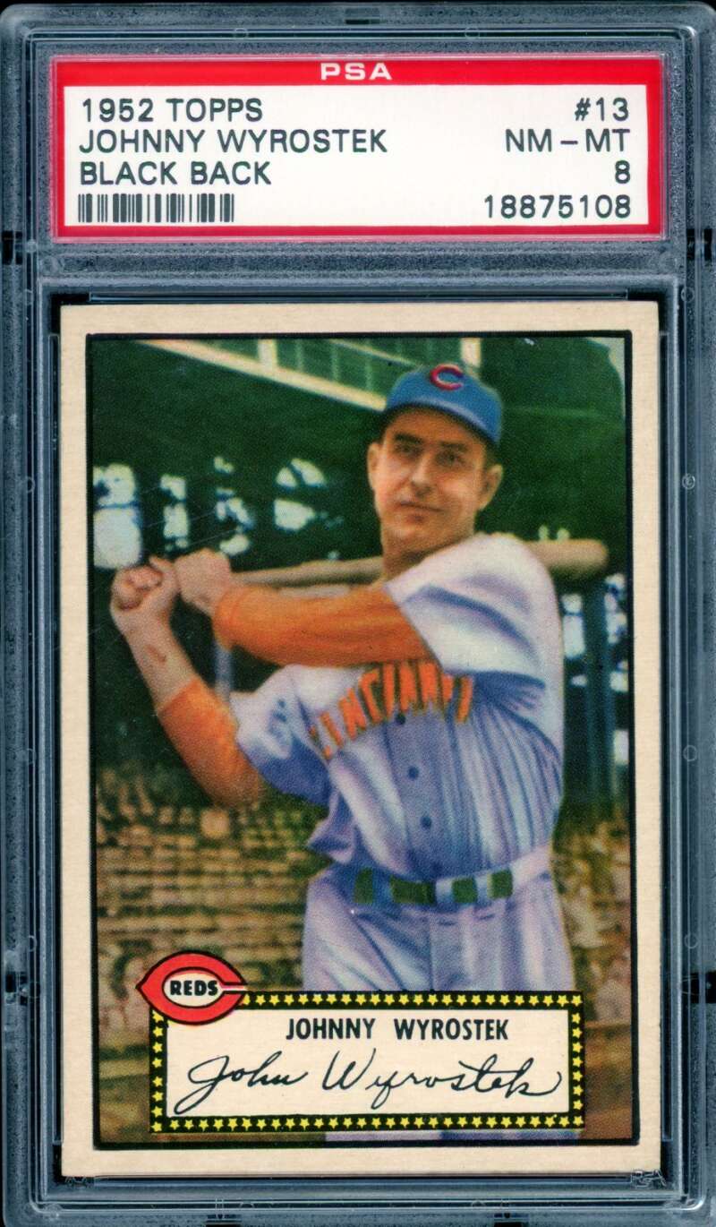 Johnny Wyrostek Card 1952 Topps Black Back #13 PSA 8 Image 1