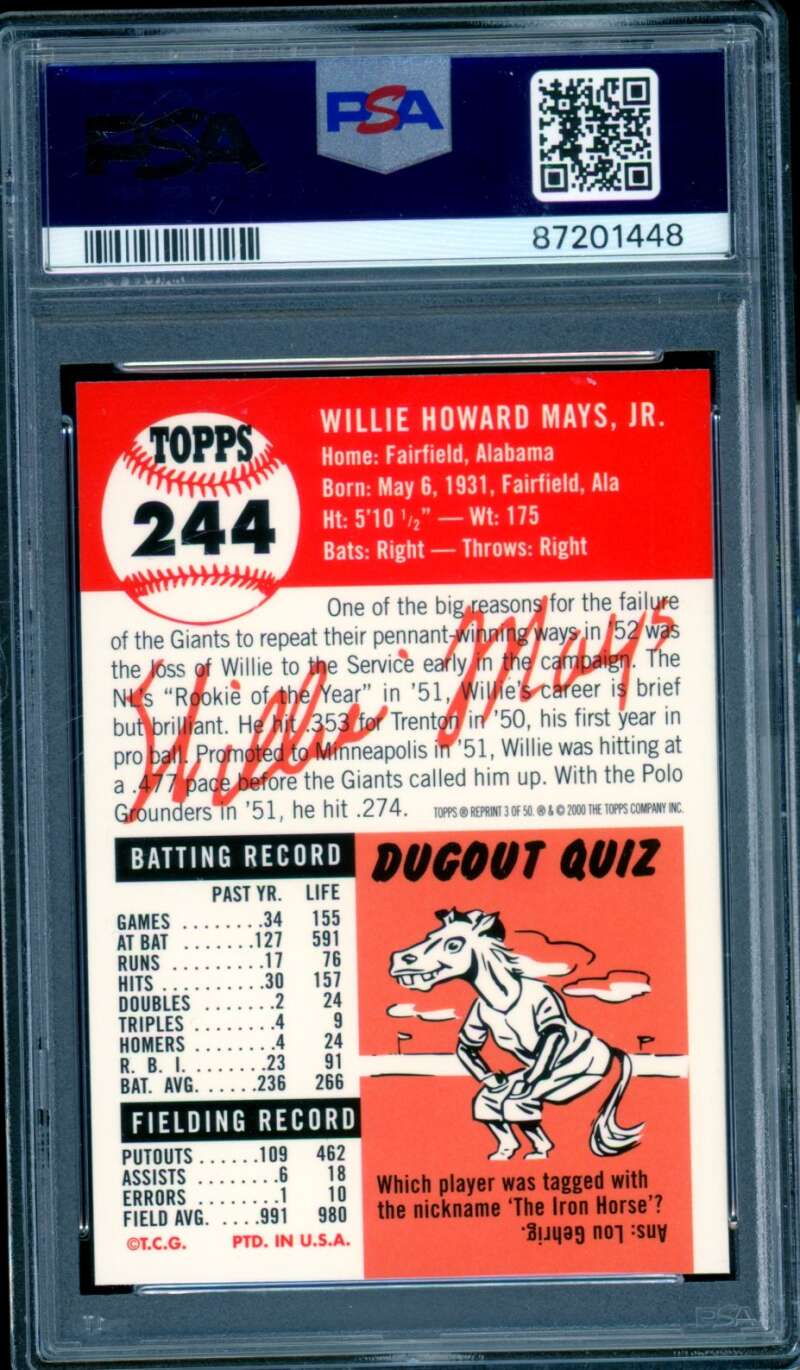 Willie Mays Card 2001 Topps 1953 Through The Years (pop 3) #3 PSA 10 Image 2