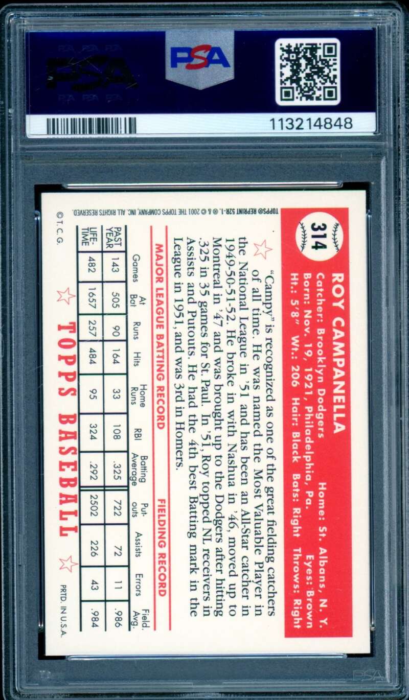 Roy Campanella Card 2002 Topps '52 Reprint 1952 World Series (pop 4) #52R1 PSA 9 Image 2