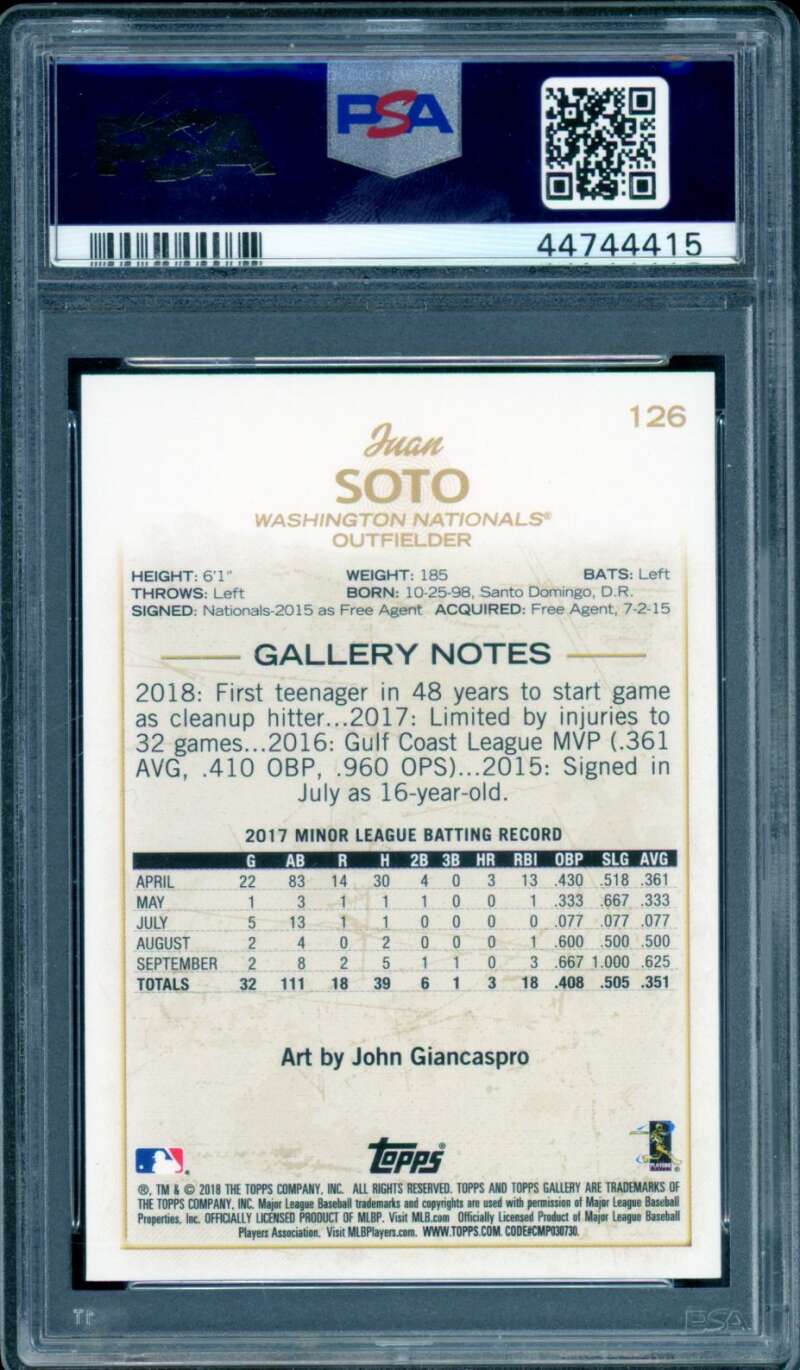 Juan Soto Rookie Card 2018 Topps Gallery #126 PSA 10 Image 2