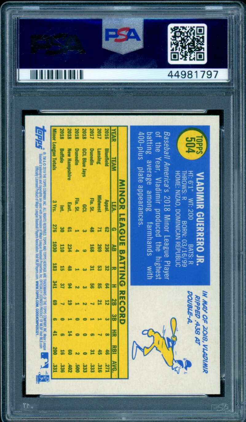 Vladimir Guerrero Jr. Rookie Card 2019 Topps Heritage #504 PSA 10 Image 2