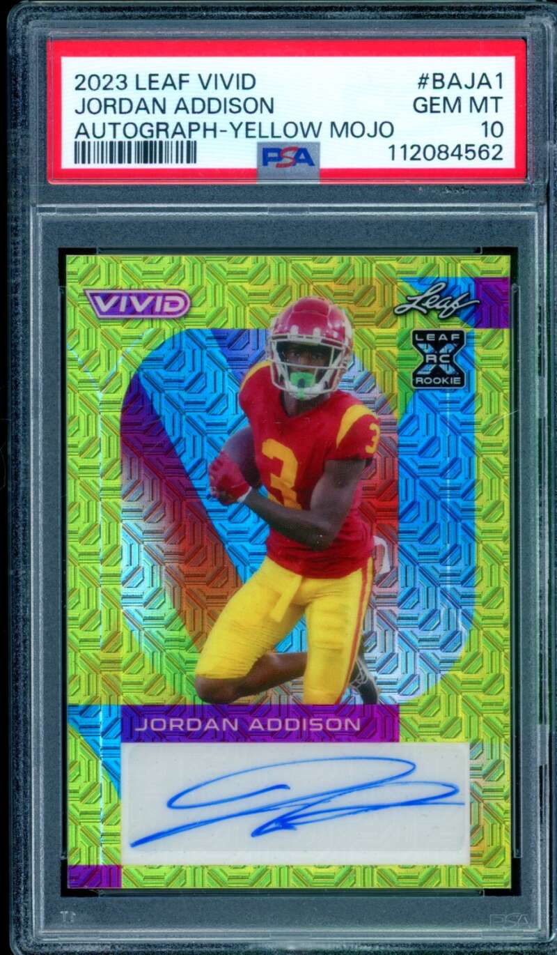 Jordan Addison Rookie 2023 Leaf Vivid Auto Yellow Mojo (10/10) #BAJA1 PSA 10 Image 1