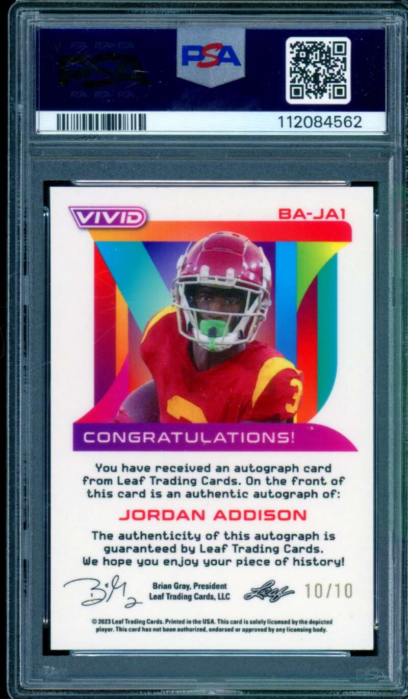 Jordan Addison Rookie 2023 Leaf Vivid Auto Yellow Mojo (10/10) #BAJA1 PSA 10 Image 2