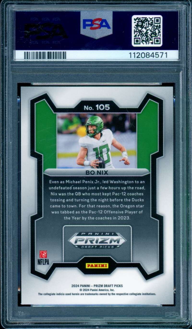 Bo Nix Rookie Card 2024 Prizm Draft Picks #105 PSA 10 Image 2
