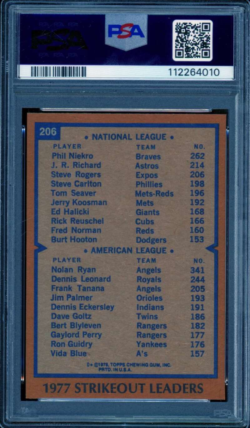 Phil Niekro/Nolan Ryan Card 1978 Topps Strikeout Leaders #206 PSA 9 Image 2
