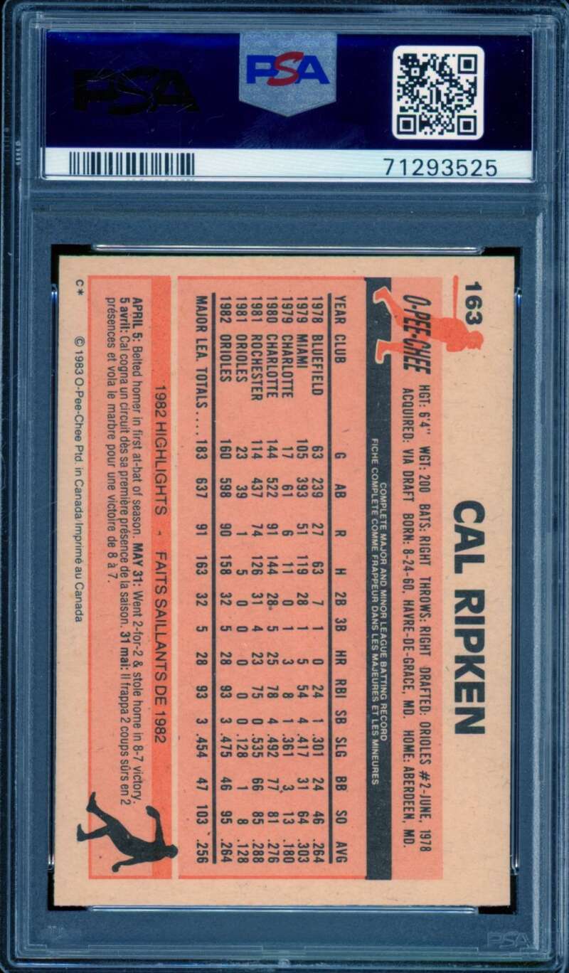 Cal Ripken Jr. Card 1983 O-Pee-Chee #163 PSA 8 Image 2