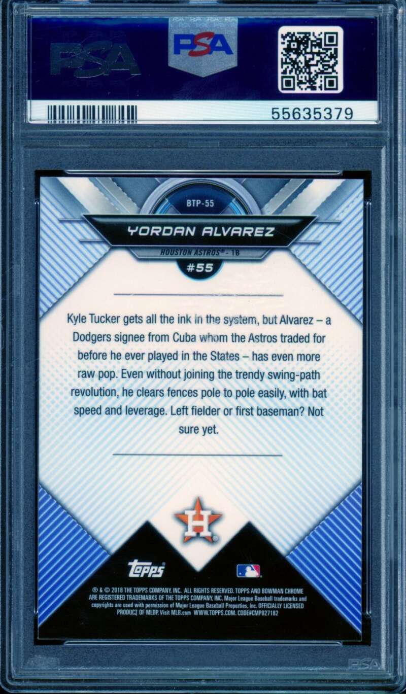 Yordan Alvarez Rookie Card 2018 Bowman Chrome Scouts Top 100 #BTP55 PSA 9 Image 2