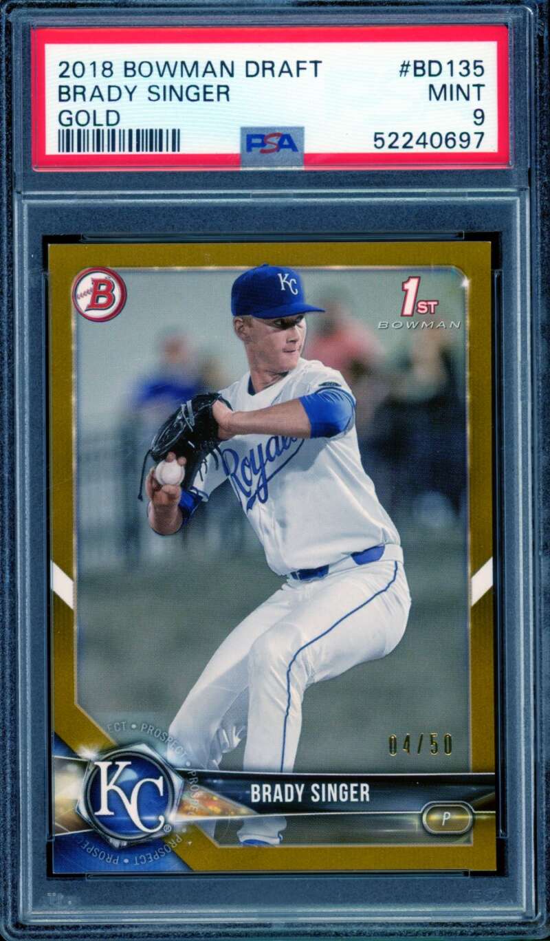Brady Singer Rookie Card 2018 Bowman Draft Gold (4/50) (pop 1) #BD135 PSA 9 Image 1