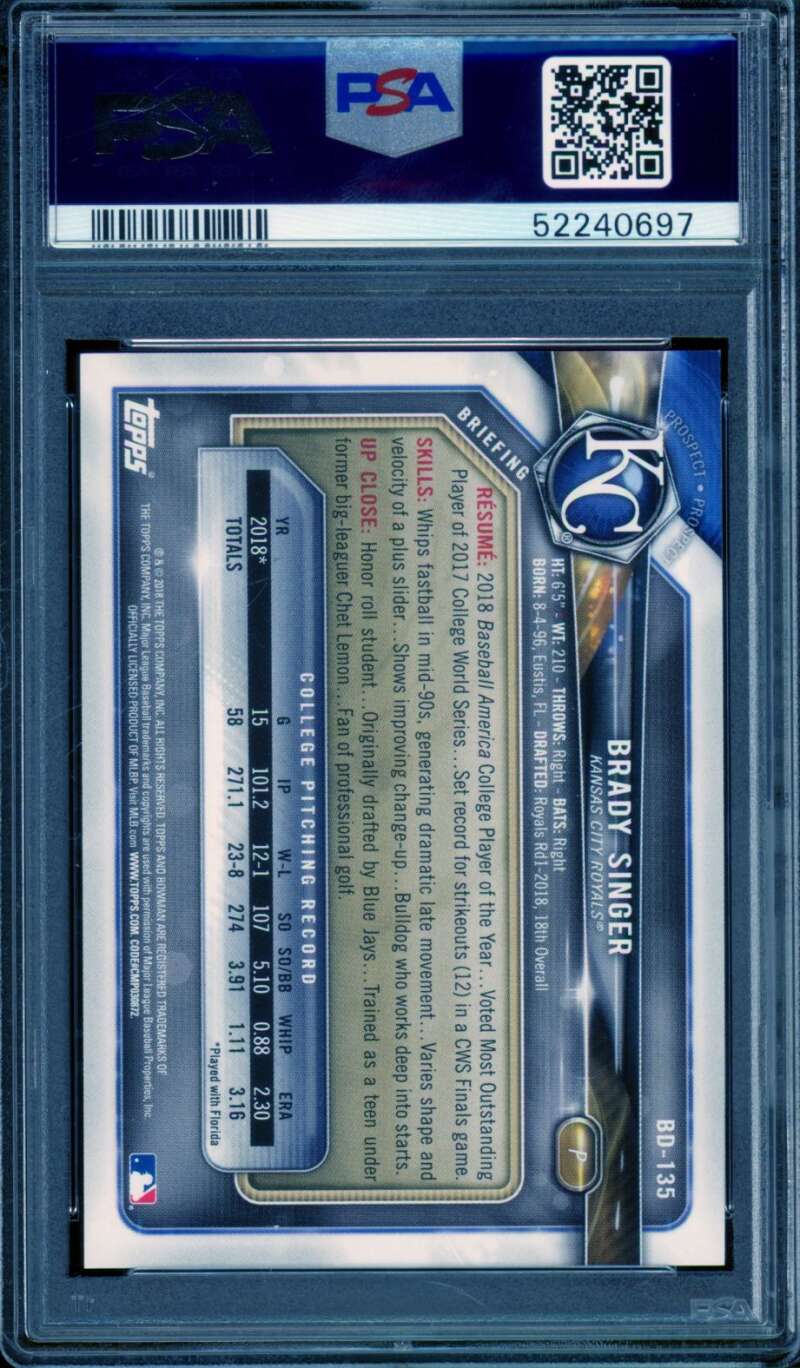 Brady Singer Rookie Card 2018 Bowman Draft Gold (4/50) (pop 1) #BD135 PSA 9 Image 2