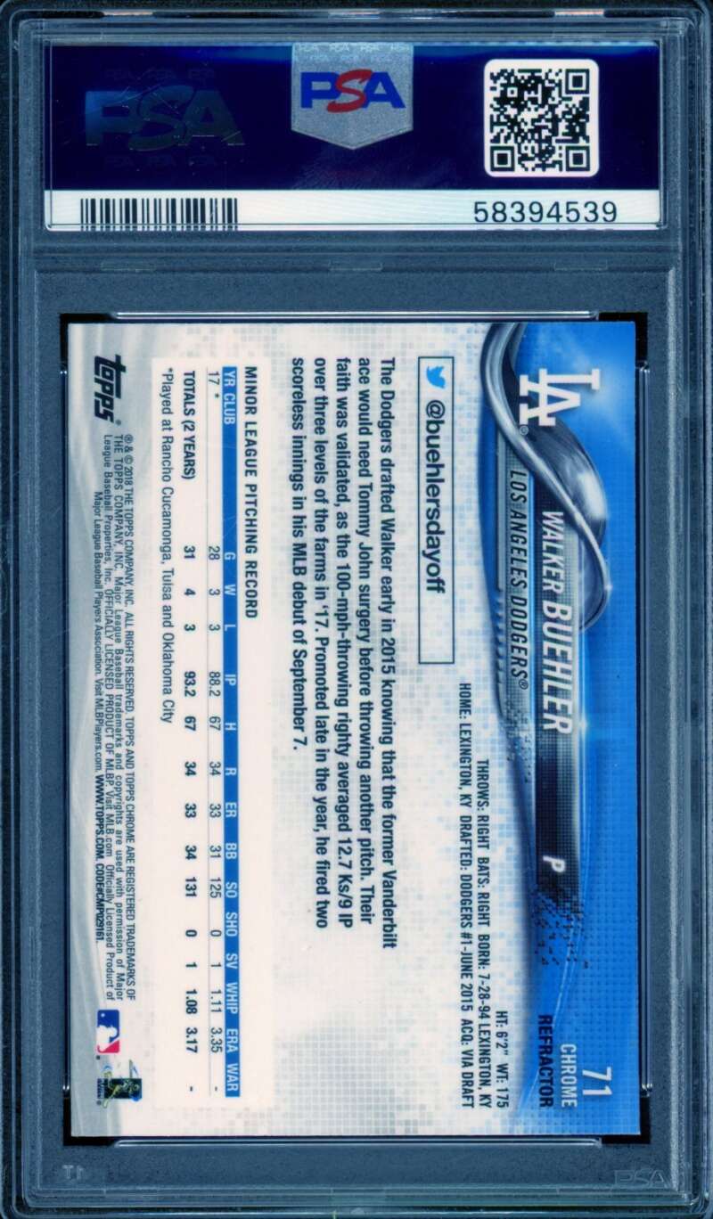 Walker Buehler Rookie Card 2018 Topps Chrome Sepia Refractor #71 PSA 9 Image 2