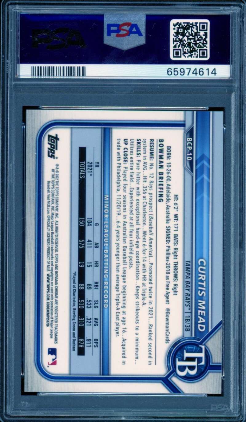 Curtis Mead Rookie 2022 Bowman Chrome Aqua Shimmer Refractor #bcp10 PSA 9 Image 2