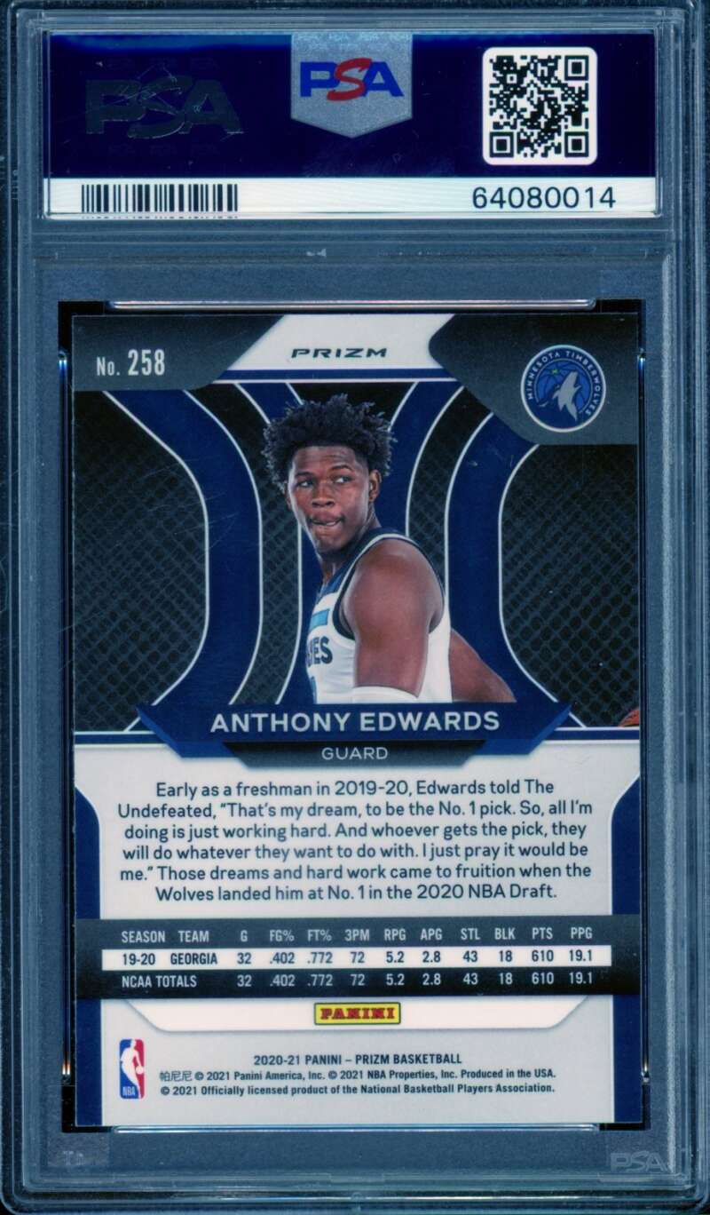 Anthony Edwards Rookie Card 2020-21 Panini Prizm Red/White/Blue #258 PSA 9 Image 2