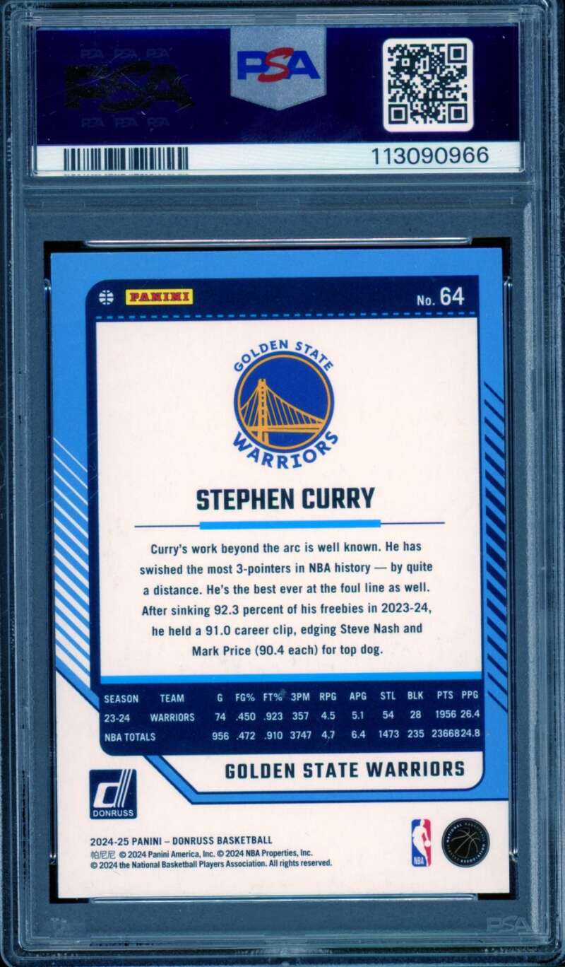 Stephen Curry Card 2024-25 Donruss Holo Green Laser (pop 1) #64 PSA 9 Image 2