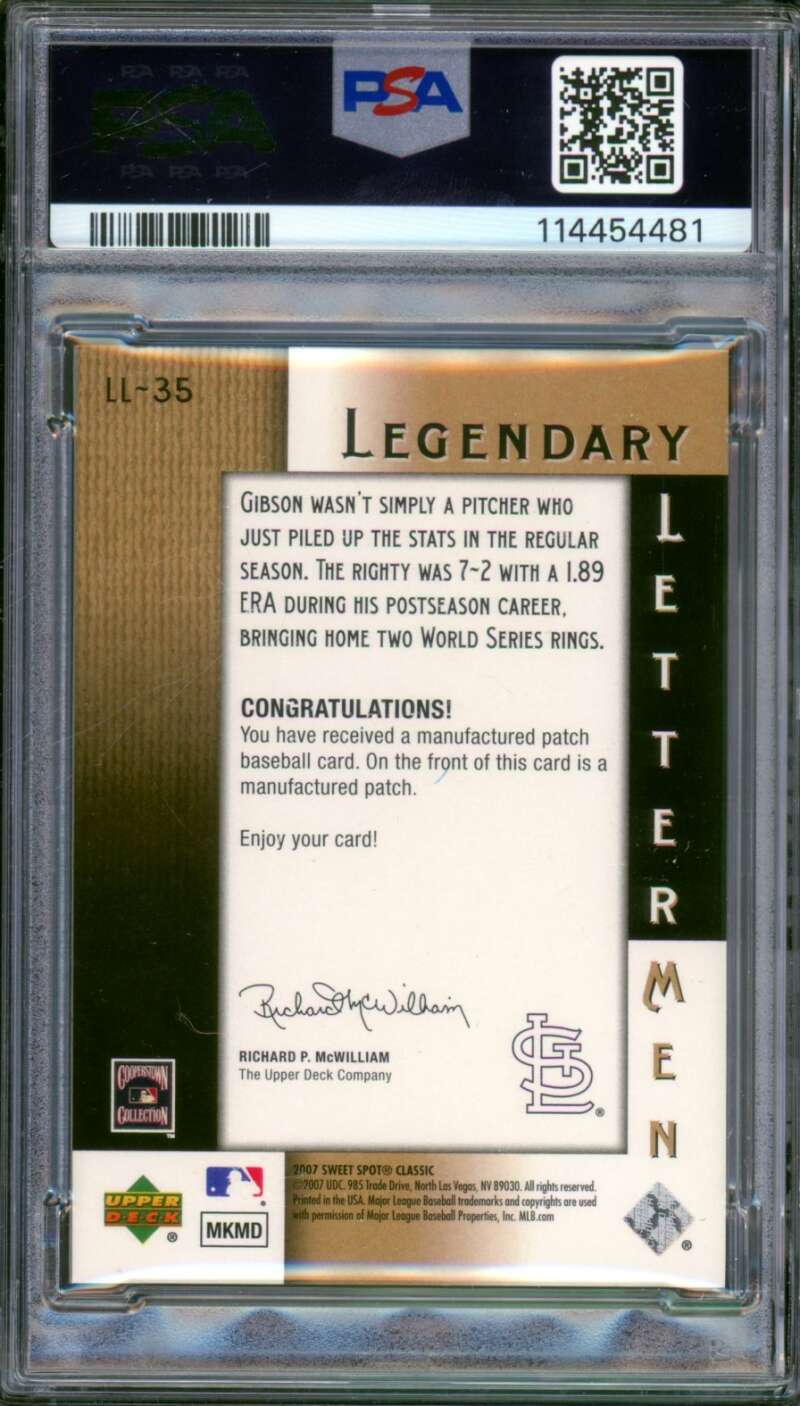 Bob Gibson Card 2007 U.D. Sweet Spot Patch Letter (pop 1) (18/25) #Ll-35 PSA 8 Image 2
