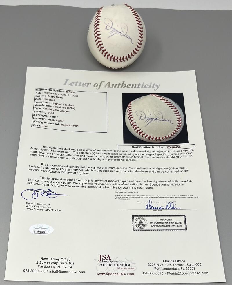 Dizzy Dean Autograph Signed Official Little League Baseball JSA Authentic  Image 1