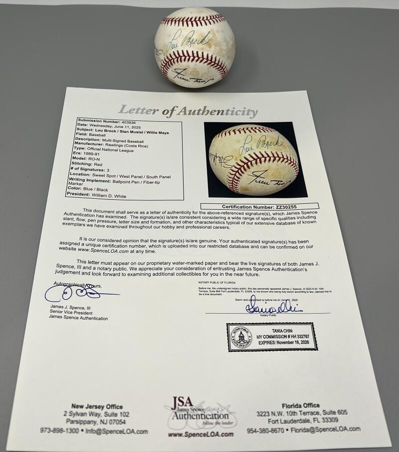 Lou Brock/Stan Musial/Willie Mays Autograph Multi Signed Baseball JSA Authentic  Image 1