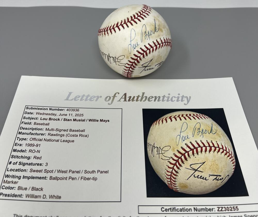 Lou Brock/Stan Musial/Willie Mays Autograph Multi Signed Baseball JSA Authentic  Image 2