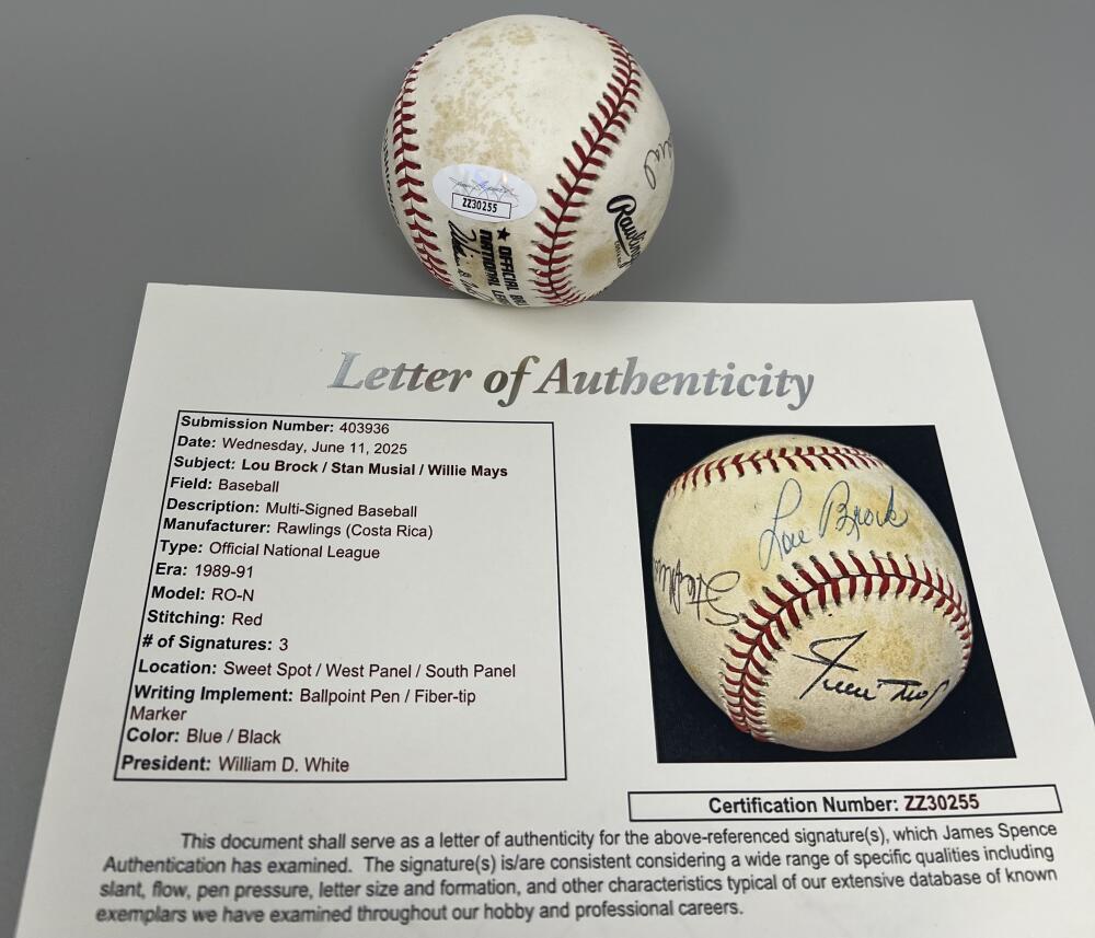 Lou Brock/Stan Musial/Willie Mays Autograph Multi Signed Baseball JSA Authentic  Image 3