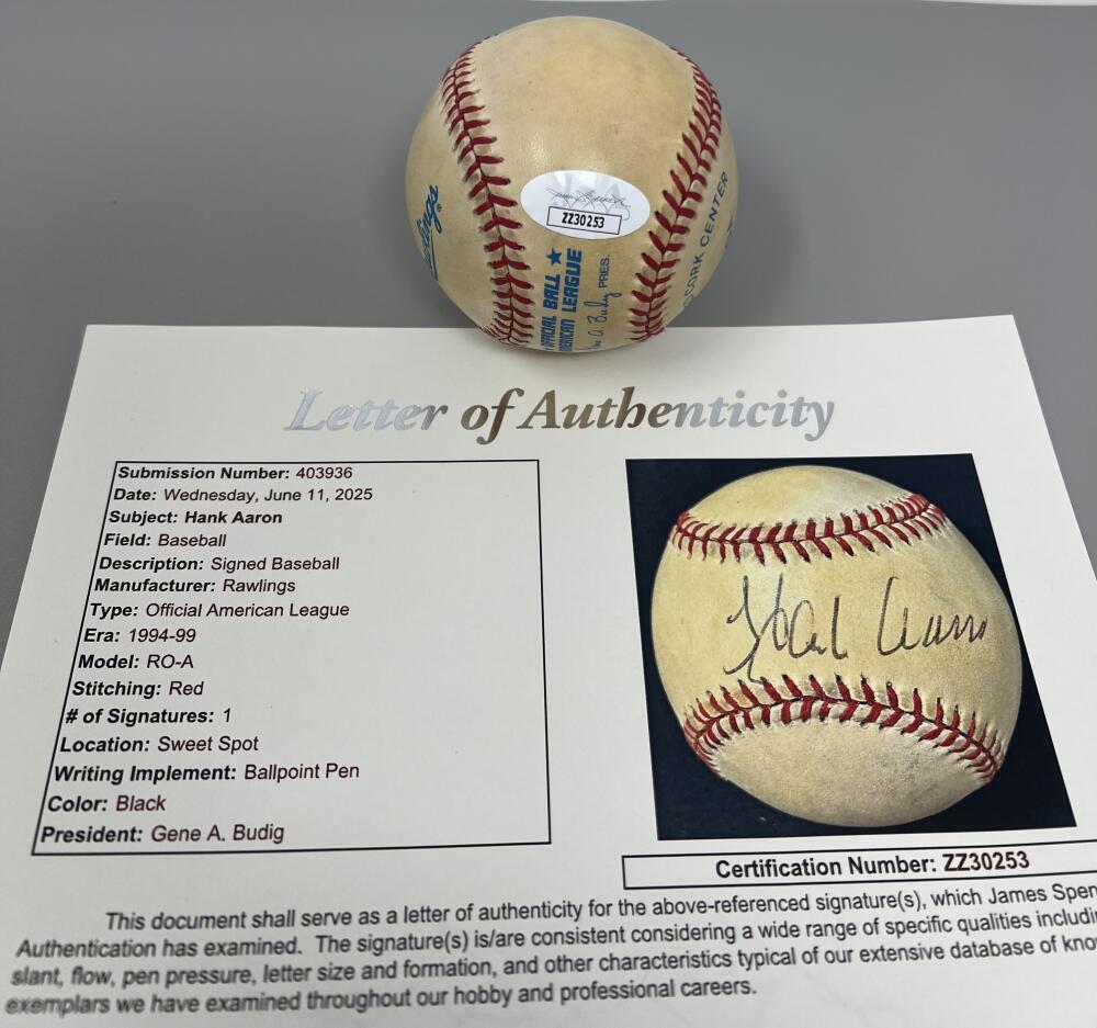 Hank Aaron Autograph Signed Official American League Baseball JSA Authentic  Image 2