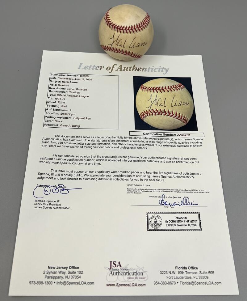 Hank Aaron Autograph Signed Official American League Baseball JSA Authentic  Image 1