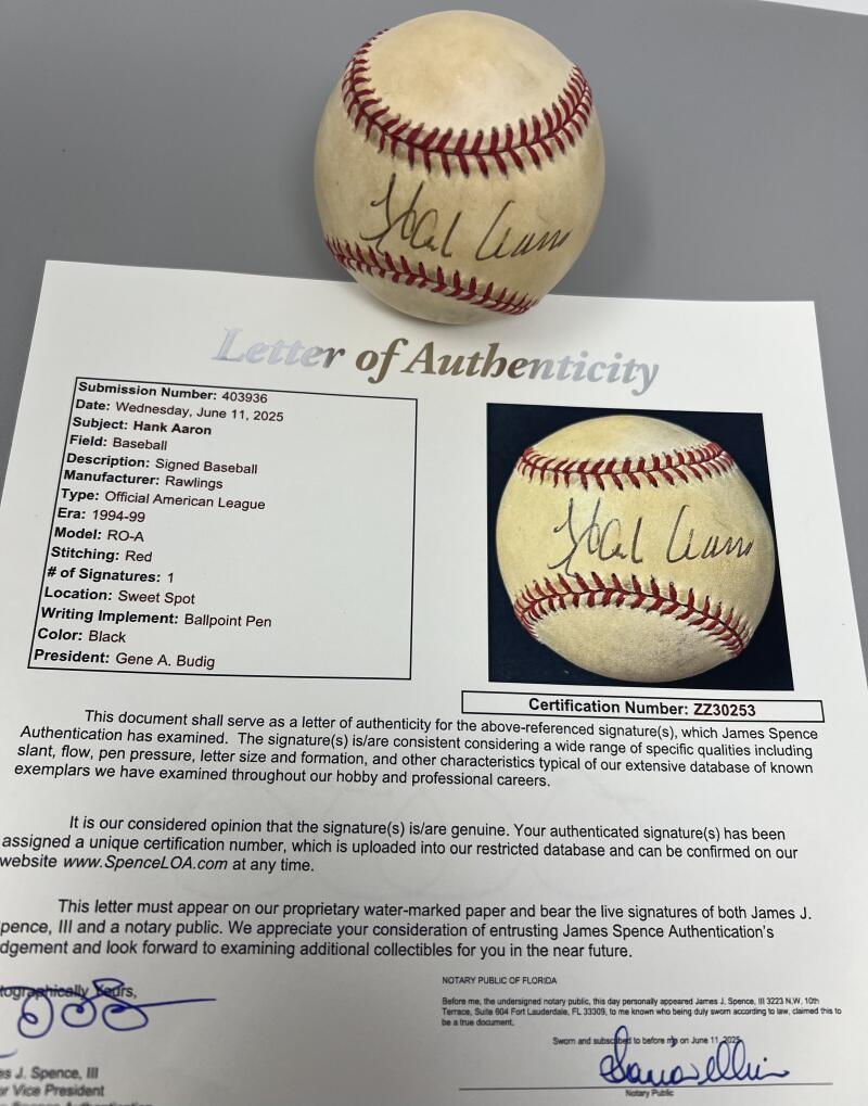 Hank Aaron Autograph Signed Official American League Baseball JSA Authentic  Image 3