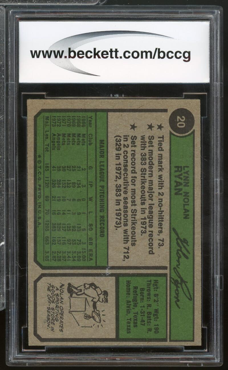Nolan Ryan Card 1974 Topps #20 California Angels BGS BCCG 9 Image 2