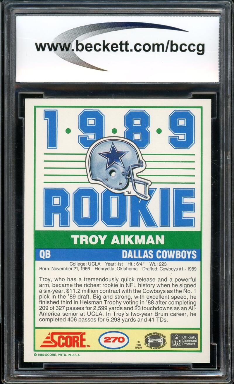 1989 Score #270 Troy Aikman Rookie Card BGS BCCG 10 Mint+ Image 2