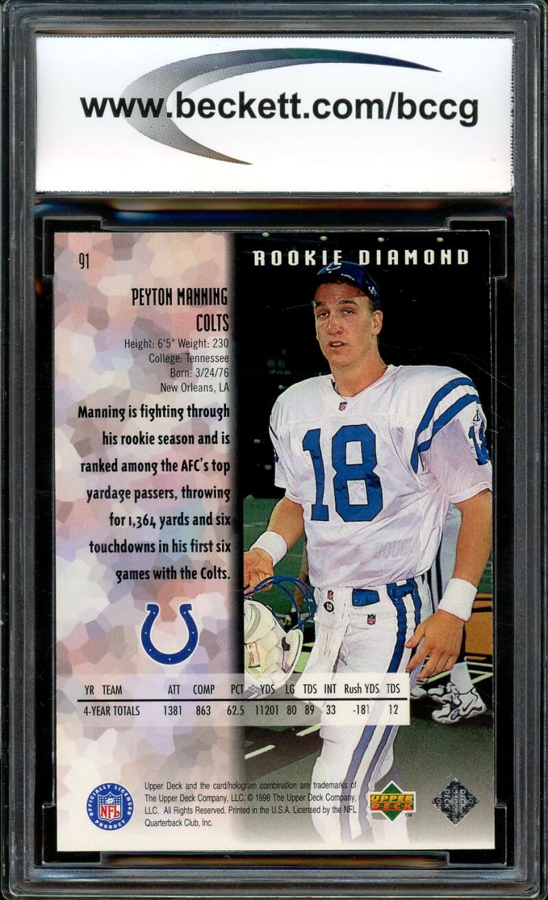 1998 Black Diamond Rookies #91 Peyton Manning Rookie Card BGS BCCG 10 Mint+ Image 2