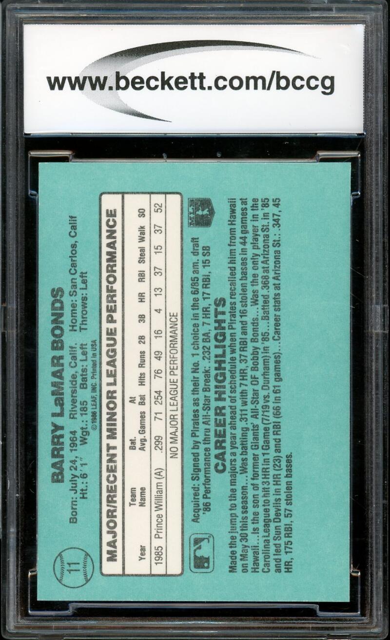 1986 Donruss The Rookies #11 Barry Bonds Rookie Card BGS BCCG 10 MINT+ Image 2