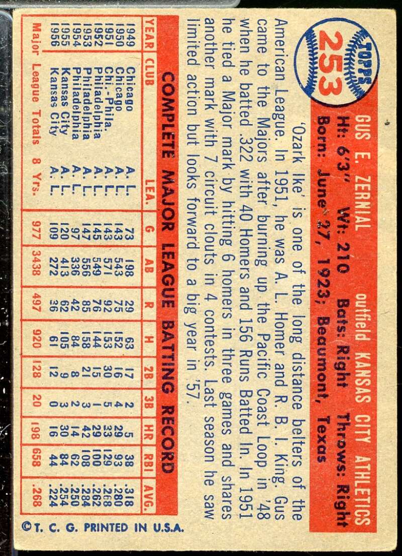 Gus Zernial Card 1957 Topps #253  Image 2