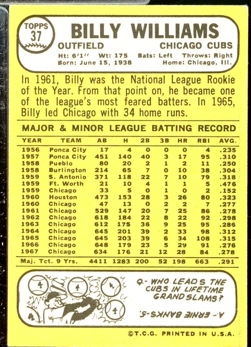 Billy Williams Card 1968 Topps #37  Image 2