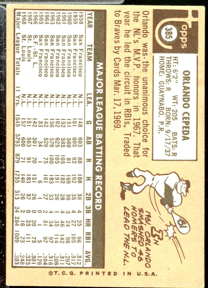Orlando Cepeda Card 1969 Topps #385  Image 2