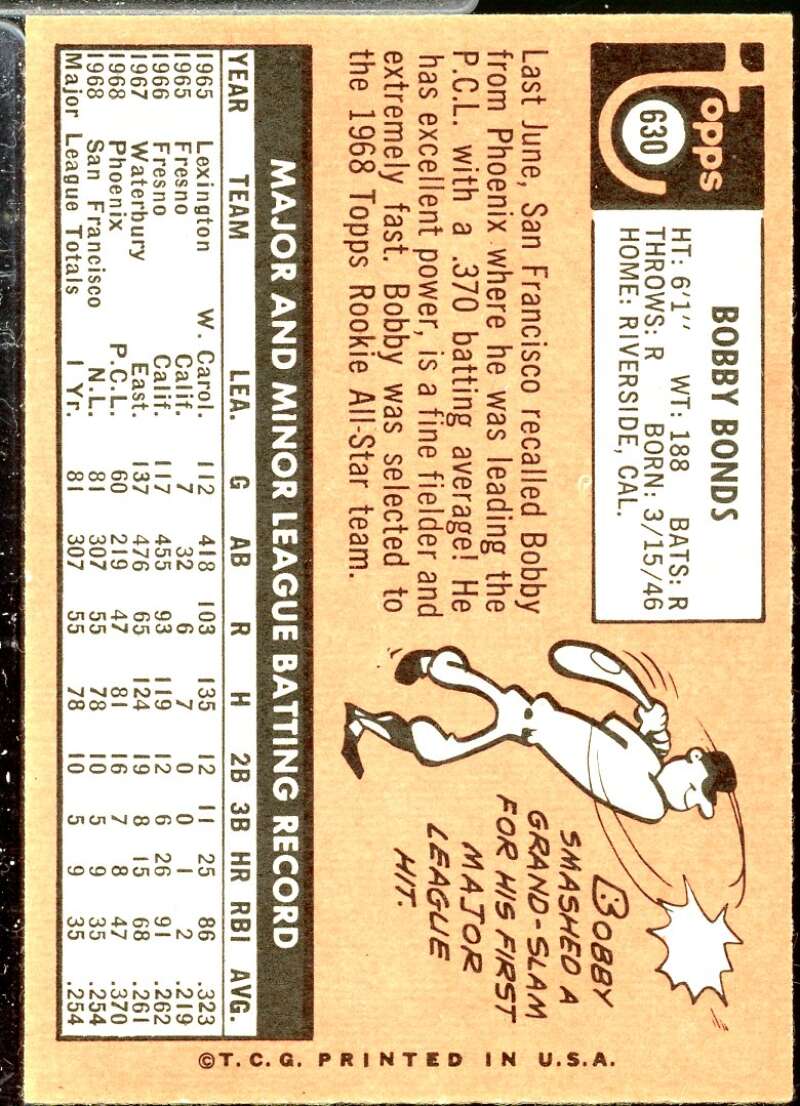 Bobby Bonds Rookie Card 1969 Topps #630  Image 2