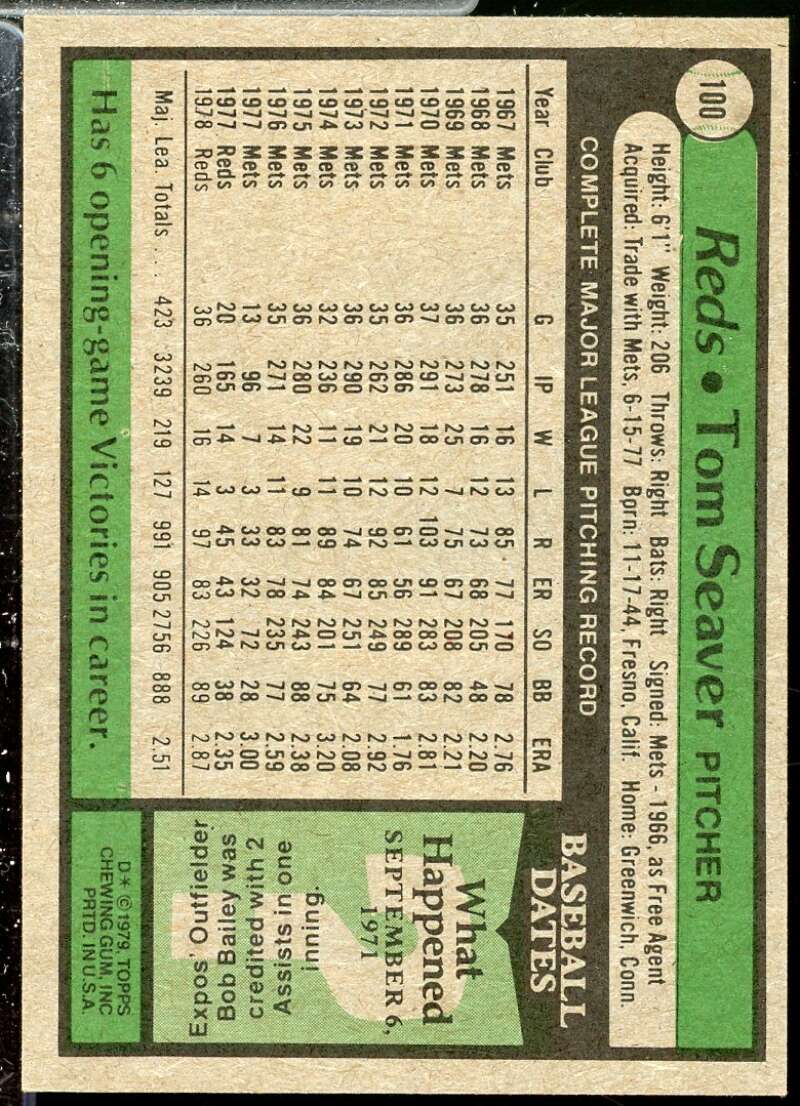 Tom Seaver Card 1979 Topps #100  Image 2
