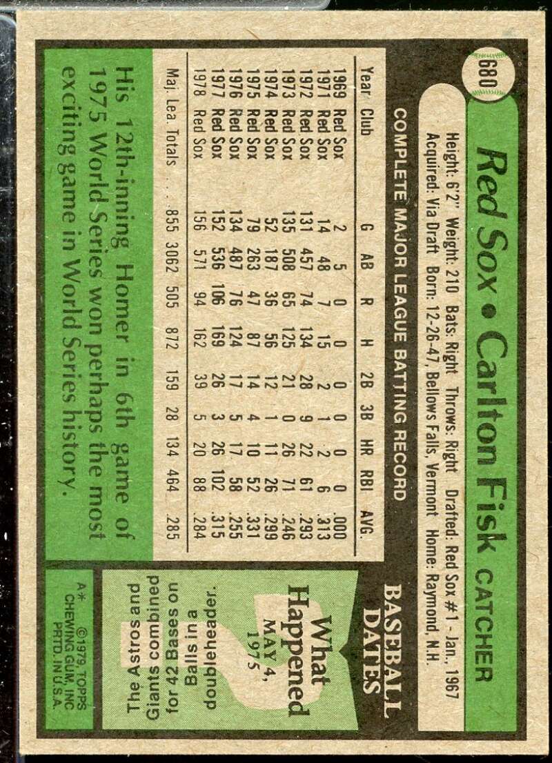 Carlton Fisk Card 1979 Topps #680  Image 2
