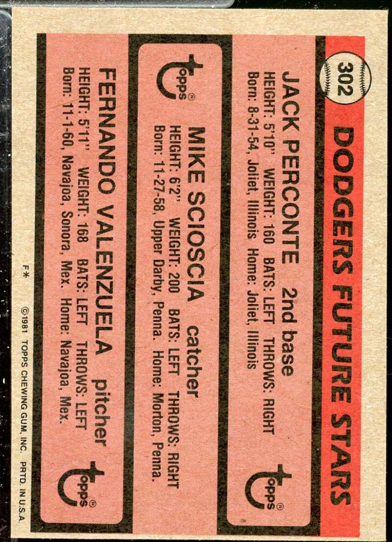 Jack Perconte RC/Mike Scioscia RC/Fernando Valenzuela Rookie 1981 Topps #302  Image 2