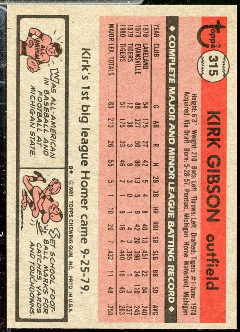 Kirk Gibson Rookie Card 1981 Topps #315  Image 2
