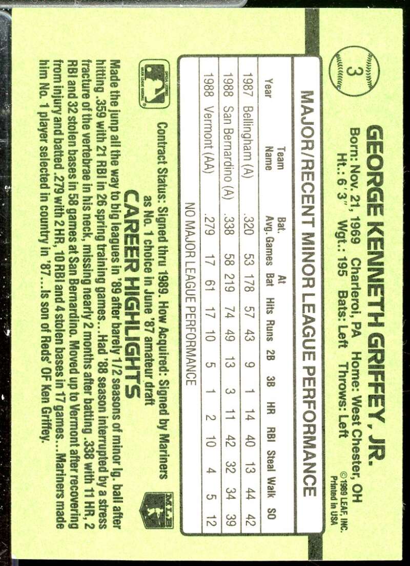 Ken Griffey Jr. Card 1989 Donruss Rookies #3  Image 2