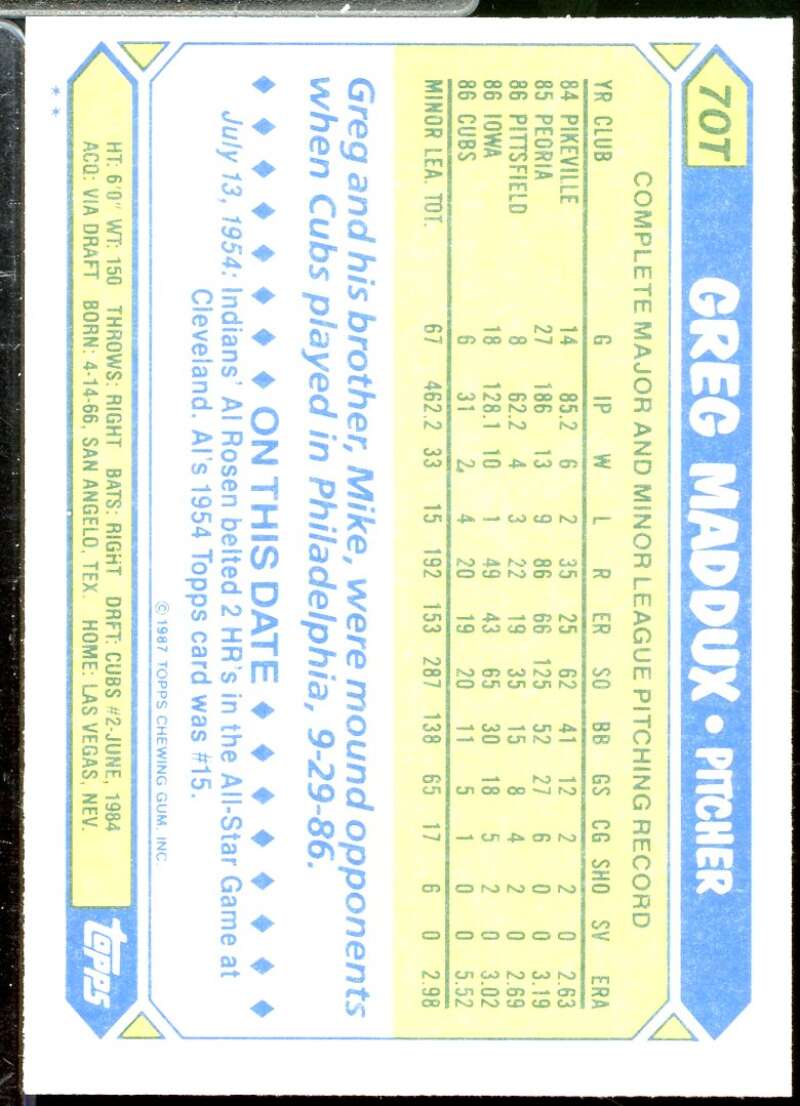 Greg Maddux Rookie Card 1987 Topps Traded #70T  Image 2