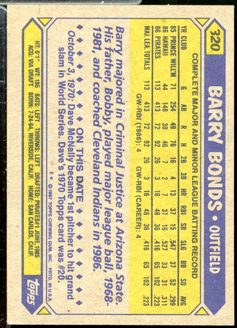 Barry Bonds Rookie Card 1987 Topps #320  Image 2