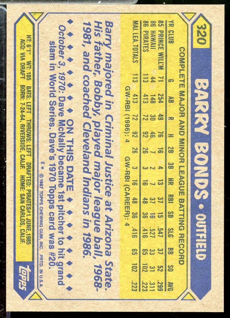Barry Bonds Rookie Card 1987 Topps #320  Image 2