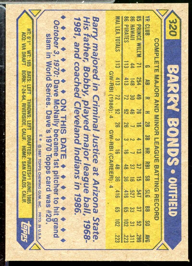 Barry Bonds Rookie Card 1987 Topps #320  Image 2