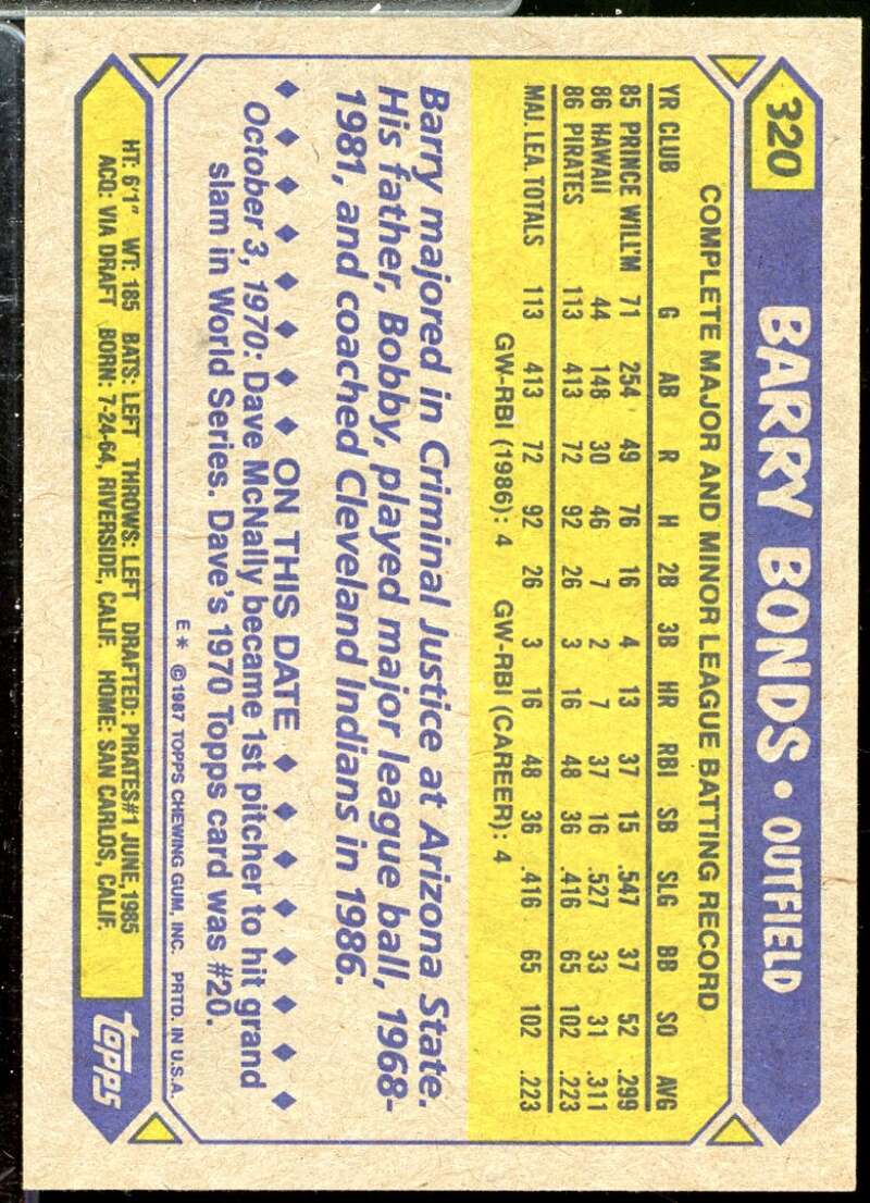 Barry Bonds Rookie Card 1987 Topps #320  Image 2