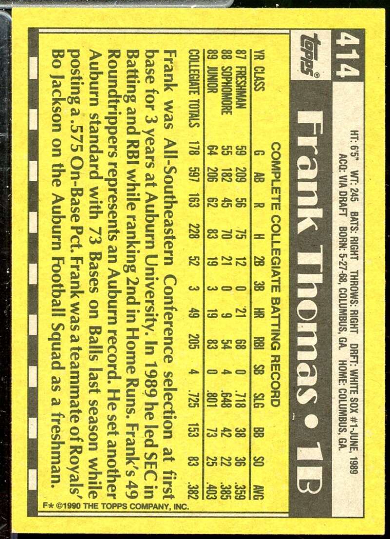 Frank Thomas Rookie Card 1990 Topps #414  Image 2