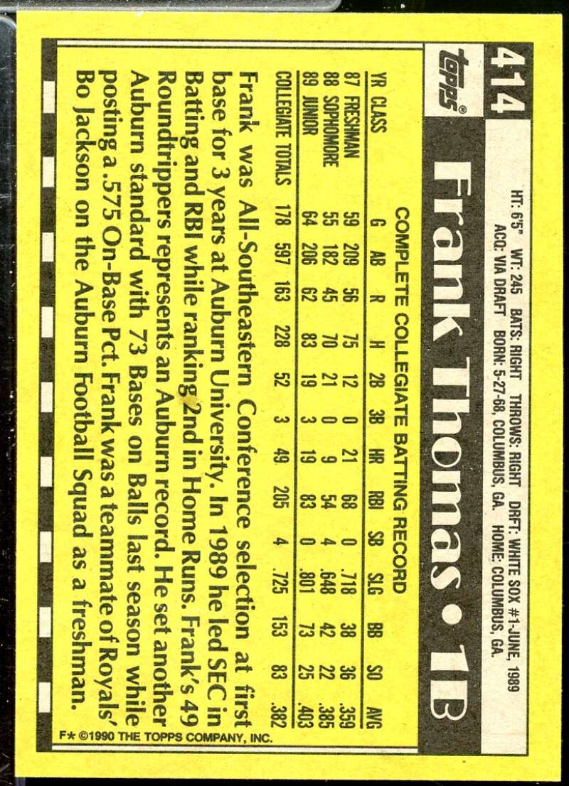 Frank Thomas Rookie Card 1990 Topps #414  Image 2
