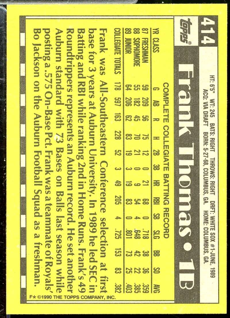 Frank Thomas Rookie Card 1990 Topps #414  Image 2