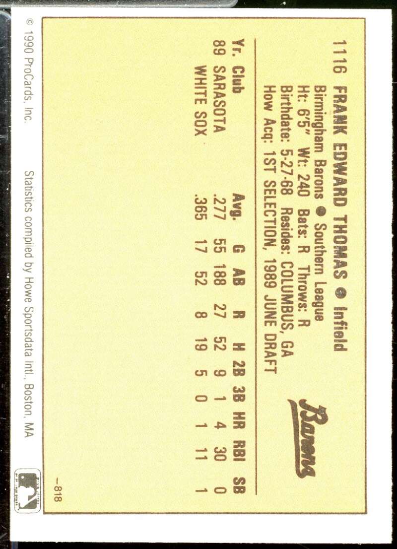 Frank Thomas Rookie Card 1990 Birmingham Barons ProCards #1116  Image 2
