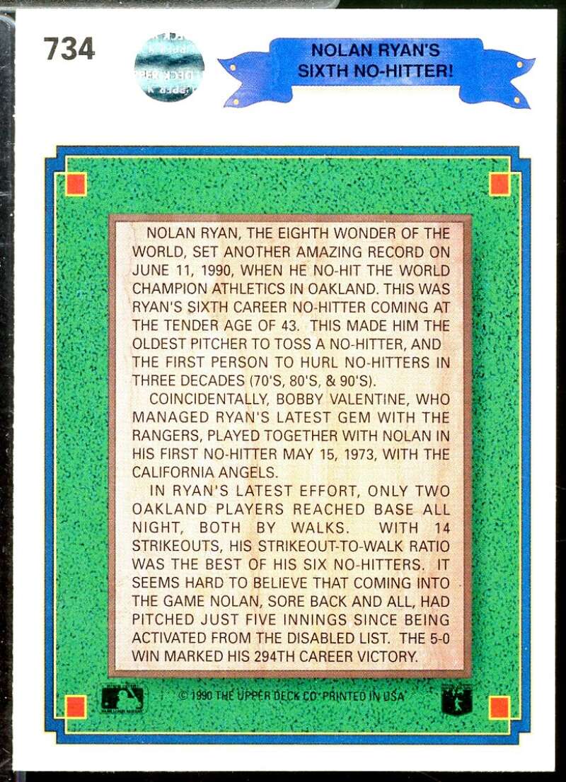 Nolan Ryan/6th No-Hitter/No stripe on front Card 1990 Upper Deck #734A  Image 2