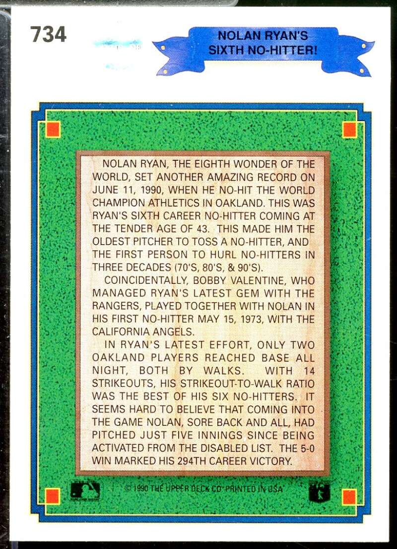 Nolan Ryan/6th No-Hitter/No stripe on front Card 1990 Upper Deck #734A  Image 2